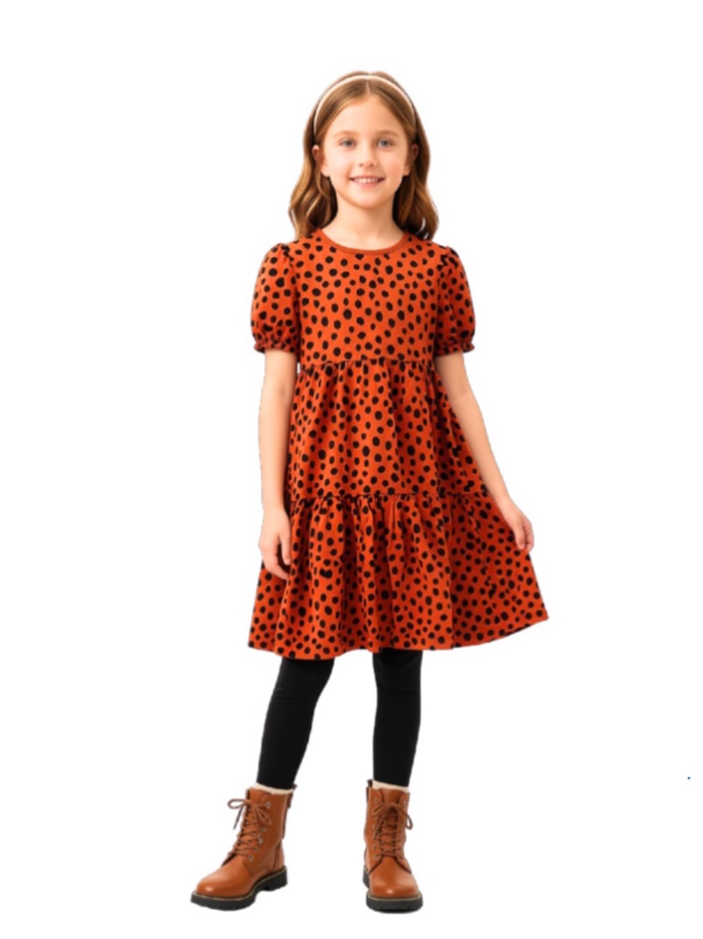 Hanna Andersson Girls Brown and Black Leapard Print / Polka Dot Tiered Dress